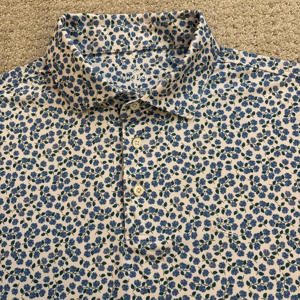 Rhoback Polo Shirt Sz L Floral Hydrangea Print Golf Stretch Performance Sport